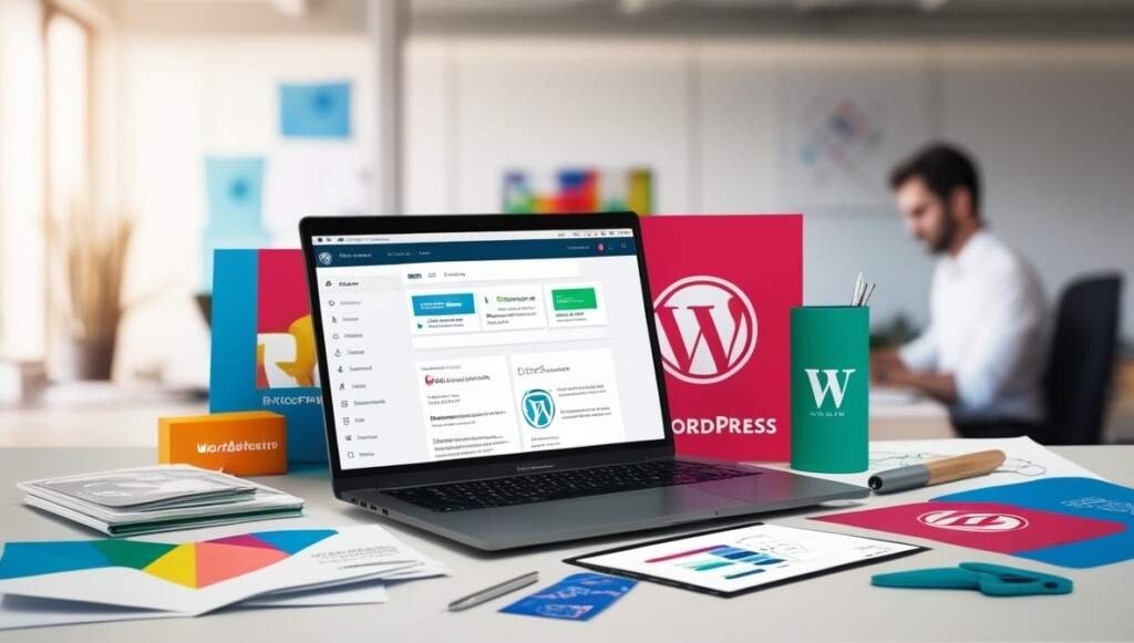 A modern designer's workspace featuring a laptop open to the WordPress dashboard, surrounded by colorful brand materials, sketches, and design tools. The background shows a softly blurred office environment with a designer working in the distance, symbolizing creativity and professionalism.