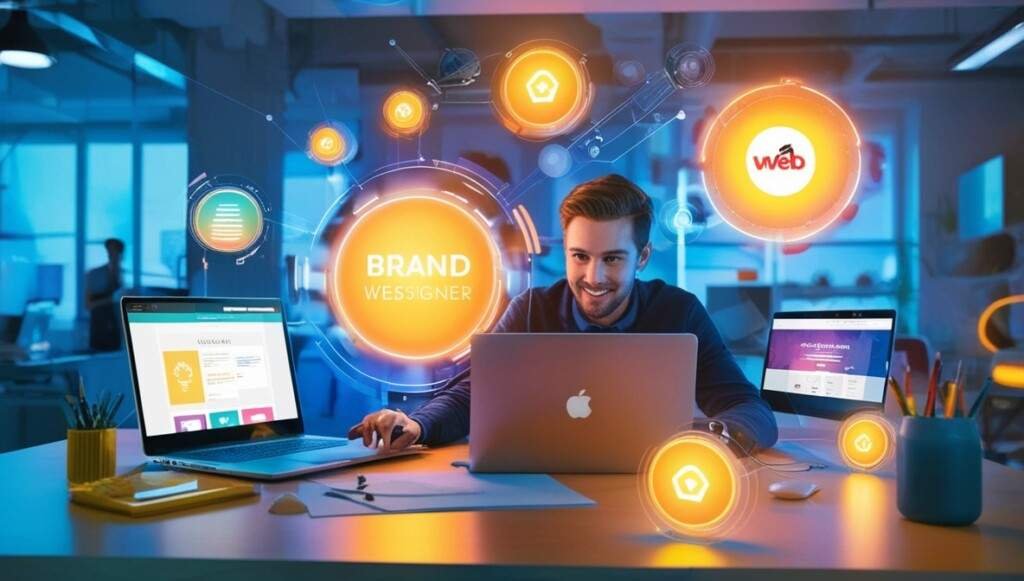 A creative web designer working on brand-focused web solutions, with website mockups and digital tools displayed in a vibrant workspace.