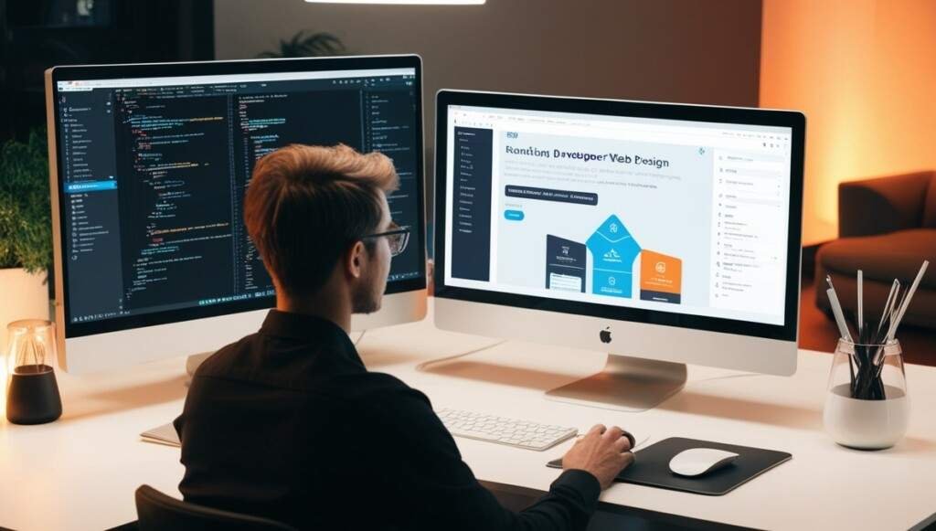 A web developer's workspace with a modern computer screen showing website design and coding elements, representing freelance web development skills.