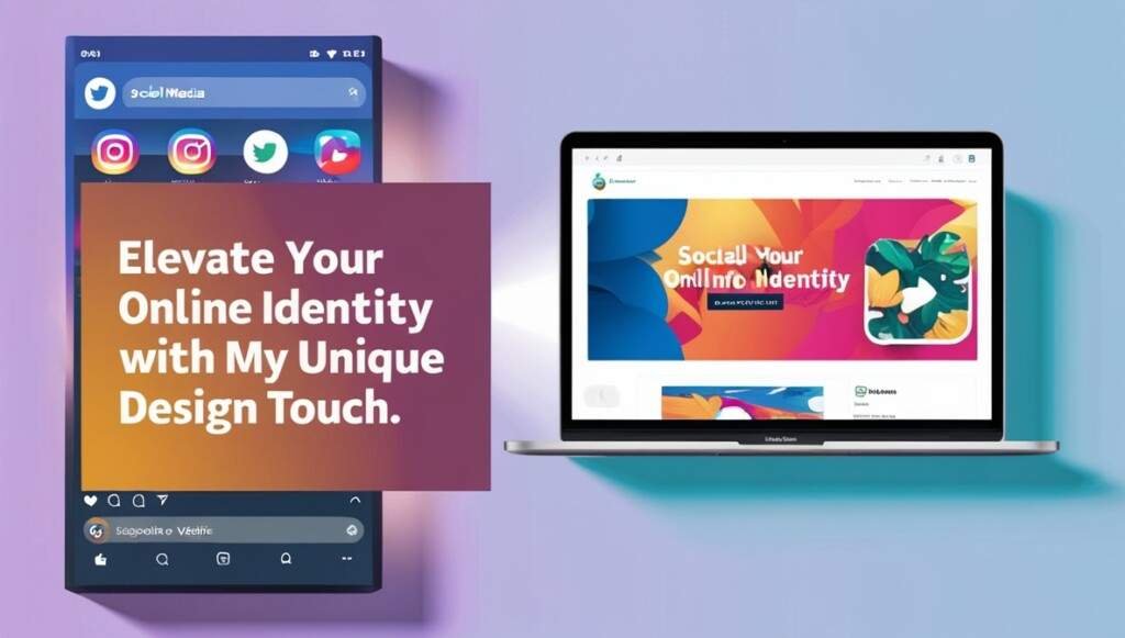 "A bold and colorful design featuring a freelancer at work on a laptop with a graphics editing app open. Around the workspace are examples of social media posts, logos, and marketing materials, all visually striking. The title reads: 'Stand Out Online: Exclusive Designs Tailored for You.'


