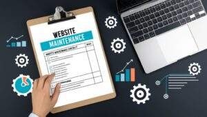 A website maintenance checklist on a clipboard next to a laptop, with gears and progress bars illustrating regular updates and reliability