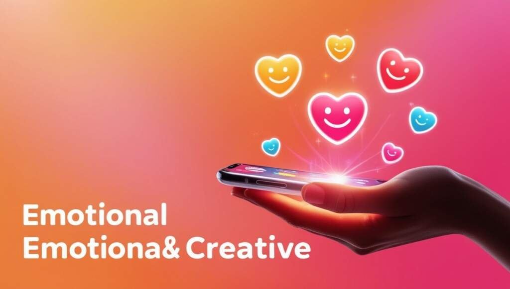 A glowing app interface held in a hand, surrounded by heart-shaped and smiling icons, symbolizing emotional connection in UI/UX design.