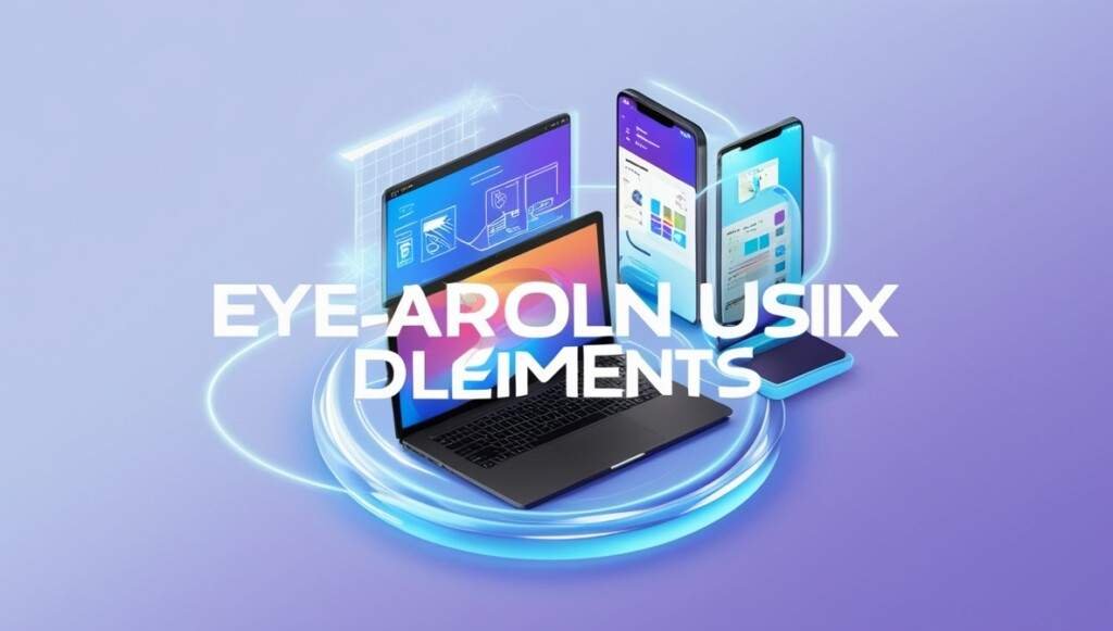 A futuristic design showcasing a holographic smartphone and laptop screen with glowing UI/UX elements, emphasizing modernity and innovation in web and mobile design.